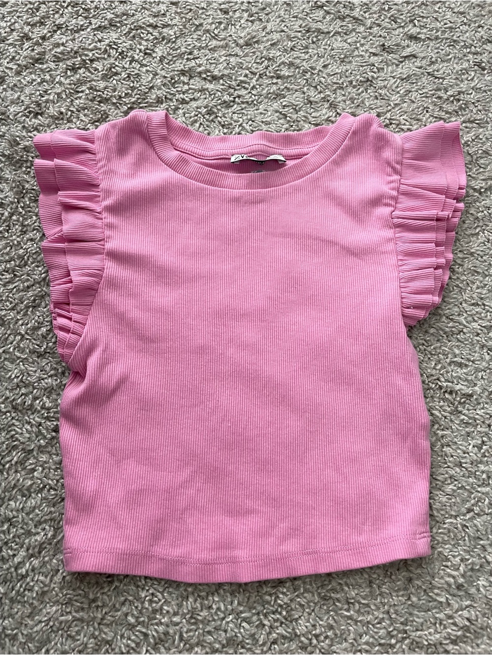 Zara Pink Ruffled Sleeve Ribbed Crop Top - Picture 2 of 2